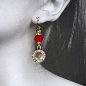 Handcrafted Red Drop Dangle CZ Stud Post Earrings w Mirror Pendant